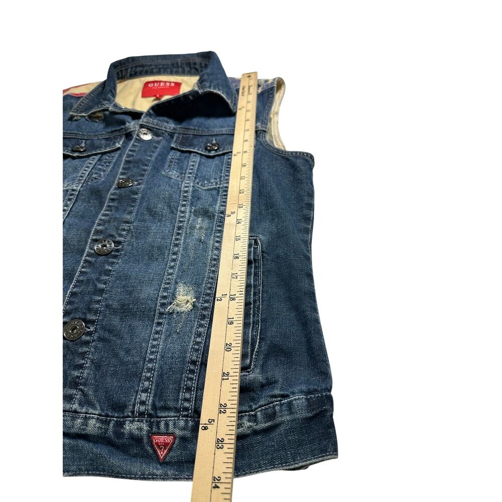 Guess Women's Sleeveless Denim Jacket with American Flag Yoke - Blue, Red, White - Picture 7 of 9
